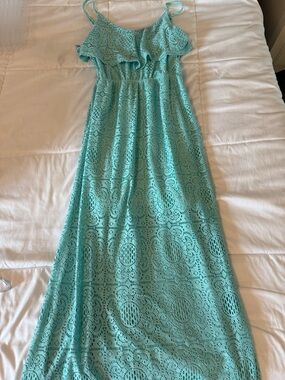 Aqua Crochet Maxi Dress with Ruffle Bodice